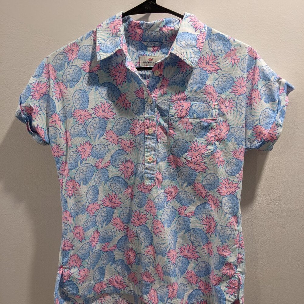 Vineyard Vines Women's Popover Short Sleeved Blouse XS Blue/Pink Print